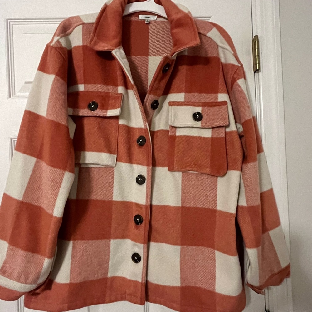 Women's Plaid Jacket in Coral and Cream